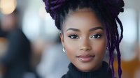Young African American woman with purple dreadlocks and natural makeup in professional portrait style for business and lifestyle content.