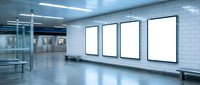 Blank white advertising billboards mounted on subway station wall with modern fluorescent lighting and polished floor for commercial marketing campaigns.