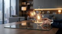 Businessman using tablet with glowing cybersecurity icons and padlock symbols in modern office environment for digital protection and data security concepts.