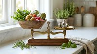 Fresh organic vegetables on vintage brass kitchen scale with herbs on marble countertop near window creating rustic farmhouse cooking atmosphere.