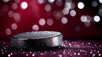 Hockey puck on dark red background with glitter and bokeh lights, dramatic sports equipment macro photography with selective focus and sparkle effects.