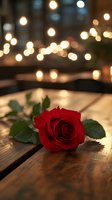 Single red rose lying on wooden surface with soft bokeh lights creating romantic atmosphere. Petals and leaves in sharp detail against blurred background.