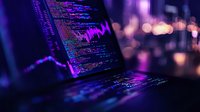 Programming code on laptop screen with purple and blue neon lighting, defocused bokeh background creates modern tech atmosphere. Digital data visualization concept.