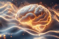 Glowing brain with orange light and energy waves surrounded by particles and bokeh effects on dark background, representing mind power and consciousness.