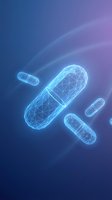 Futuristic wireframe capsules floating in digital space with glowing blue neon light effects on gradient purple background for medical technology concepts.