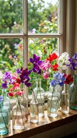 Colorful sweet pea flowers in glass bottles on wooden windowsill with natural sunlight and garden view background for spring home decor and floral arrangements.