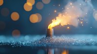 Glowing candle with magical smoke trail and sparks against dark blue background with bokeh lights, creating mystical atmospheric mood.