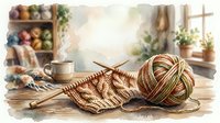 Knitting needles with striped yarn ball and partially completed sweater on wooden surface, cozy craft room with shelves and window light in background.
