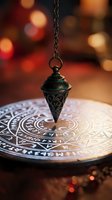 Ornate bronze pendulum suspended over mystical circular chart with ancient symbols and warm bokeh lights creating magical divination atmosphere.