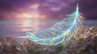 Ethereal translucent feather with iridescent blue and teal hues floating above rocky landscape against dramatic purple sunset sky creating mystical atmosphere.