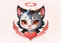 Adorable anime-style cat character with angel wings and halo, featuring big orange eyes and heart motif. Perfect for valentine cards, stickers, and kawaii merchandise designs.