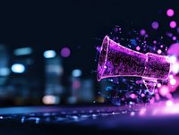 Glowing purple megaphone with digital particles effect against dark background, representing social media marketing and digital communication concept.