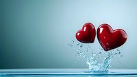 Two glossy red hearts splashing out of water against turquoise background, creating dynamic water drops effect. Romantic concept for Valentine's day and love themes.