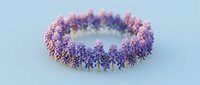 Purple coronavirus particle with spike proteins on light blue background showing detailed viral structure for medical education and research purposes.