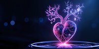 Glowing pink heart with magical tree branches growing from top, floating over illuminated circle on dark blue background with bokeh lights. Digital art concept.