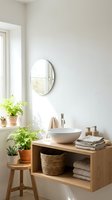 Modern minimalist bathroom interior with floating wooden vanity, white vessel sink, round mirror and green plants for spa-like atmosphere.