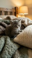 Gray tabby kitten nestled among cozy knit blankets and pillows on wooden bed with warm lamp lighting, conveying comfort and relaxation for home decor and lifestyle content.
