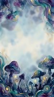 Watercolor fantasy forest with glowing mushrooms, swirling vines, and ethereal clouds in purple, teal, and gold tones. Whimsical woodland scene for creative projects.