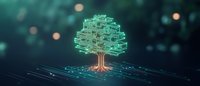 Digital glowing tree with circuit-like branches on dark background with bokeh effect, representing technology and nature connection.
