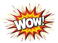 Comic book style wow exclamation burst with explosive rays and halftone dots on white background for pop art designs and retro graphics.
