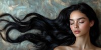 Young Asian woman with flowing black hair against textured turquoise background, eyes closed in serene expression, natural makeup and bare shoulders for beauty and wellness concepts.