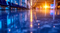 Dramatic low angle view of empty airport terminal with reflective floor capturing golden sunset light and blue tones, creating atmospheric perspective.