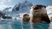 River otters swimming in crystal clear mountain water against snowy peaks backdrop, close-up view showing playful expression and wet fur texture in natural habitat.