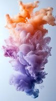 Vibrant orange and purple ink swirls in water creating dynamic abstract art with flowing movement and ethereal texture against light background.