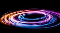 Vibrant spiral light trails in neon colors of blue, purple, pink and orange create dynamic circular motion against black background, suitable for tech and energy concepts.