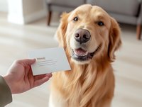 Golden retriever with light tan coat smiling at camera while person holds blank business card in modern home interior, suitable for pet services, veterinary, or business branding.