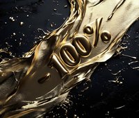 Golden liquid splash forming 100 percent symbol against dark background, dynamic metallic fluid motion with droplets and waves creating luxury effect.