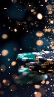 Casino chips stacked on dark background with golden bokeh lights and sparkles creating atmospheric gambling ambiance for entertainment industry use.