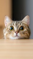 Curious tabby cat with big yellow eyes peeking over wooden surface. Close-up portrait showing expressive feline face with alert expression and distinctive whiskers.
