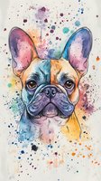 Colorful French Bulldog portrait with watercolor splashes and artistic ink outline on white background, suitable for wall art, cards and pet-themed designs.