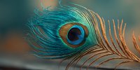 Stunning peacock feather with vibrant blue and green eye pattern against soft blurred background for luxury design projects and elegant decorations.