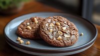 Fresh baked chocolate cookies with macadamia nuts on gray ceramic plate, close up view showing soft texture and melted chunks against wooden surface.