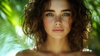 Young woman with natural curly brown hair and bright green eyes gazing at camera in soft natural lighting with blurred tropical foliage background creating dreamy summer atmosphere.
