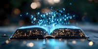 Magical open book with glowing blue numbers floating upward, sparkling light particles and bokeh effects on dark background. Fantasy education concept.