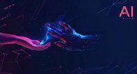 Digital hands reaching towards each other with glowing pink and blue neon effect against dark background, surrounded by geometric lines and AI text, representing artificial intelligence connection.