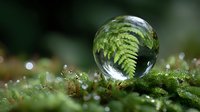 Crystal ball on moss reflects green fern leaf inside glass sphere with natural bokeh background, creating magical forest atmosphere for nature photography.