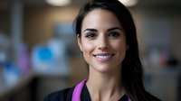 Young Hispanic businesswoman with confident smile wearing purple blazer in modern office setting, professional corporate headshot with soft bokeh background.