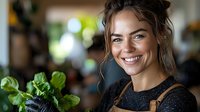 Young Caucasian woman with bright smile holding fresh organic produce in rustic kitchen setting. Natural lighting highlights her casual style and genuine expression.