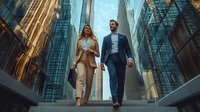 Young diverse business professionals walking between modern glass skyscrapers in financial district. Low angle view captures urban corporate success and partnership.