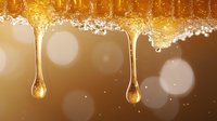 Golden honey drips with crystallized sugar edges against blurred warm background, macro photography showing viscous liquid drops and bokeh light effects.
