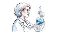 Female scientist with gray hair and glasses holding blue chemical flask in laboratory conducting research experiment.