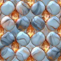 Abstract marble pattern with glowing golden light between white and gray spherical shapes creates luxurious seamless geometric background for design projects.