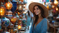 Young Asian woman in straw hat and blue dress smiling at traditional lantern market, surrounded by glowing ornate moroccan lamps creating magical atmosphere.
