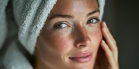 Young woman with towel on head touching face after shower displaying natural skincare routine and fresh clean skin for beauty wellness concepts.