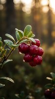 Fresh red cranberries growing on bush with green leaves in natural forest setting during golden hour sunlight for organic food and harvest concepts.