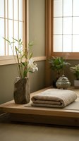 Zen meditation room with bamboo plant in stone vase and folded blanket on wooden table near traditional Japanese windows for mindfulness and relaxation.